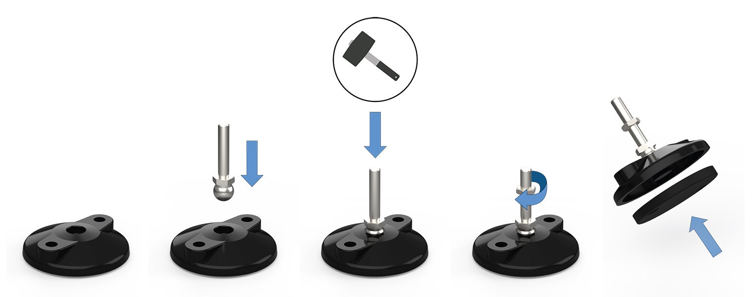 Assembly of adjustable feet with fixing holes