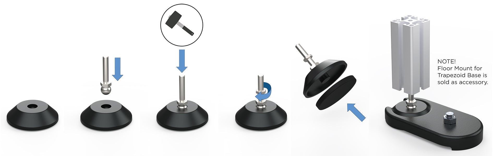 Assembly of adjustable feet with trapezoid base